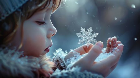 A child gazing in wonder at a single, perfect snowflake melting on their hand. Convey the preciousness and wonder of water in all its forms.の素材
