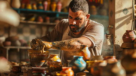 A Middle Eastern man with a prosthetic arm works meticulously in his pottery studio. The studio is filled with vibrant ceramics and the warm glow of a kiln.の素材