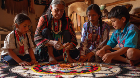 A Native American family sits in a circle on a woven rug, passing down a cherished beaded necklace through generations, each person adding their own unique touch.の素材
