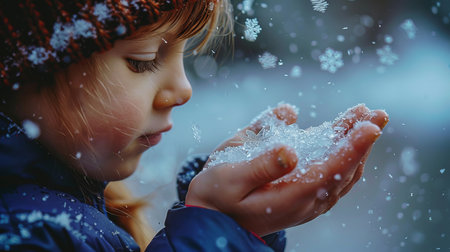 A child gazing in wonder at a single, perfect snowflake melting on their hand. Convey the preciousness and wonder of water in all its forms.の素材