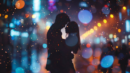 A cinematic moment capturing two silhouettes dancing passionately in the rain, with the city lights blurred in the background, symbolizing love and freedom amidst life's challenges.の素材