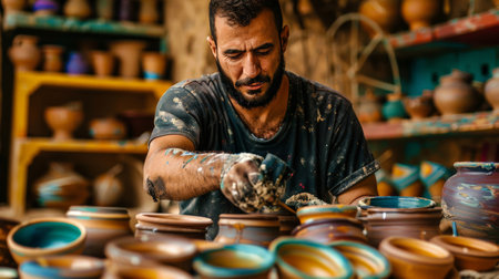 A Middle Eastern man with a prosthetic arm works meticulously in his pottery studio. The studio is filled with vibrant ceramics and the warm glow of a kiln.の素材