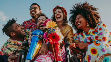 A group of friends from different ethnicities laughing together. One has a prosthetic leg adorned with colorful flowers, another uses a wheelchair, and all wear brightly patterned clothing.の素材