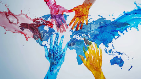 A map of the world with rivers highlighted in blue, flowing towards hands of different colors coming together in the center. Express the global nature of the water crisis and the need for international cooperation.の素材