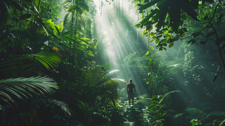 A photo illustrating a traveler standing in awe beneath the canopy of a rainforest, light rain filtering through the dense foliage, illuminating the diverse wildlife and creating a serene, interconnected scene.の素材