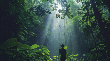 A photo illustrating a traveler standing in awe beneath the canopy of a rainforest, light rain filtering through the dense foliage, illuminating the diverse wildlife and creating a serene, interconnected scene.の素材
