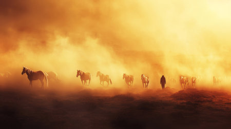 A photo capturing the silhouette of a person standing at the edge of a desert, watching a mirage-like vision of wild horses running, with the heat haze blurring the lines between reality and illusion.の素材