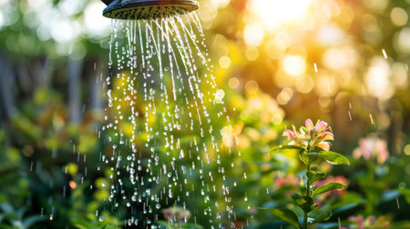 A photo illustrating sustainable water usage practices, such as rainwater harvesting systems, water-saving appliances, or xeriscaped gardens, emphasizing the importance of conserving water resources.の素材
