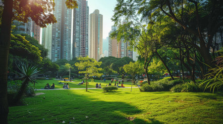 A photo showcasing a vibrant urban green space, where city dwellers are enjoying nature amidst skyscrapers, emphasizing the importance of integrating nature into urban planning.の素材