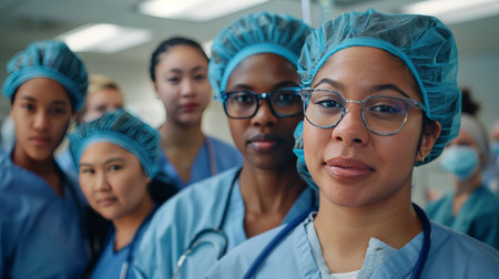 A photo set in a healthcare setting, highlighting women professionals in various roles, from surgeons to nurses, working together. The emphasis is on teamwork, compassion, and dedication in a challenging environment.の素材