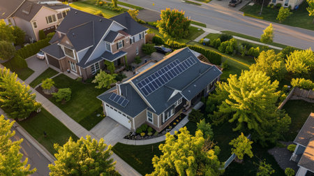 A photo showcasing a home or community powered by solar panels, emphasizing renewable energy's role in sustainable living and reducing carbon footprint.の素材