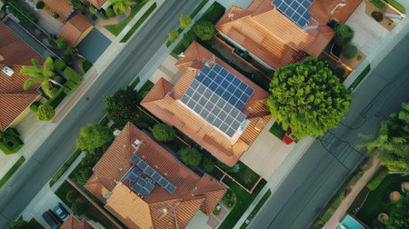 A photo showcasing a home or community powered by solar panels, emphasizing renewable energy's role in sustainable living and reducing carbon footprint.の素材