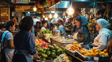 A photo set in a bustling market offering a variety of global cuisines, where chefs and food enthusiasts of different ethnicities share their culinary traditions, celebrating diversity through food.の素材