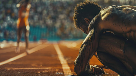 A photojournalist captures the tears of a defeated athlete, their body slumped in disappointment, while the jubilant victor celebrates in the background. Convey the contrasting emotions of sports.の素材