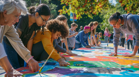 A photo showing a diverse group of individuals, young and old, working together on a large community art project, illustrating how diversity fuels creativity and collective expression.の素材