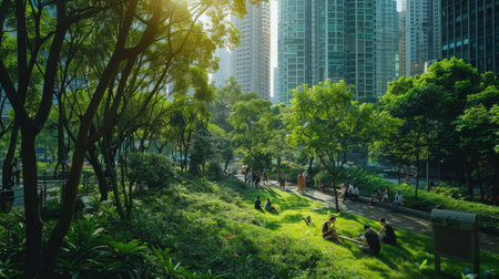 A photo showcasing a vibrant urban green space, where city dwellers are enjoying nature amidst skyscrapers, emphasizing the importance of integrating nature into urban planning.の素材