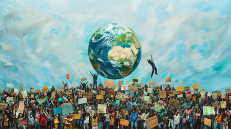 A powerful photo depicting a diverse crowd participating in a global climate march, with creative and impactful signs, showcasing the global movement for climate action and environmental justice.の素材