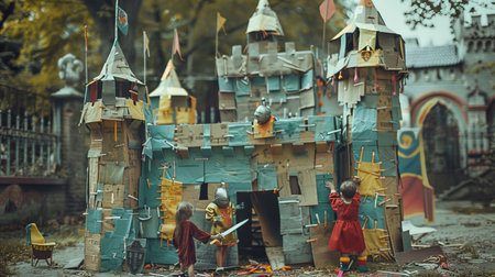 A playful scene depicting children building an elaborate castle fortress out of cardboard and household items, dressed as knights and royalty, embarking on imaginative medieval adventures.の素材