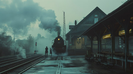 A poignant scene of a farewell at an old train station, with steam from the locomotive blurring the figures, evoking a sense of nostalgia, departure, and the bittersweet nature of goodbyes.の素材