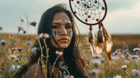 A young Indigenous woman with long, flowing black hair and intricate facial paint stands proudly in a field of wildflowers. She holds a dreamcatcher aloft, its intricate web catching the sunlight.の素材