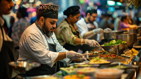 A vibrant kitchen scene with chefs from various countries preparing traditional dishes, sharing techniques, and celebrating cultural diversity through cuisine. International Music Festival: Musicians from around the world on a single stage, each playingの素材