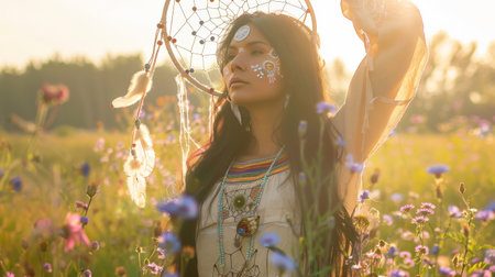 A young Indigenous woman with long, flowing black hair and intricate facial paint stands proudly in a field of wildflowers. She holds a dreamcatcher aloft, its intricate web catching the sunlight.の素材