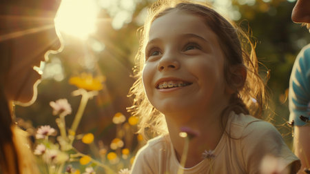 A young girl with braces proudly presents her homemade nature documentary to her parents, showcasing close-up shots of crawling insects and blooming flowers. (observant, aspiring filmmaker)の素材