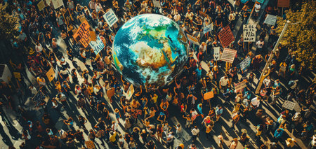 A powerful photo depicting a diverse crowd participating in a global climate march, with creative and impactful signs, showcasing the global movement for climate action and environmental justice.の素材