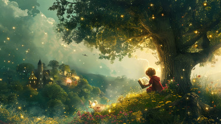 A whimsical illustration showing a child reading a storybook under a tree, with characters and landscapes from the book coming to life around them, blending reality and fantasy in a magical storytelling moment.の素材