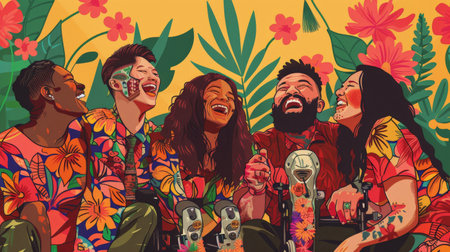 A group of friends from different ethnicities laughing together. One has a prosthetic leg adorned with colorful flowers, another uses a wheelchair, and all wear brightly patterned clothing.の素材