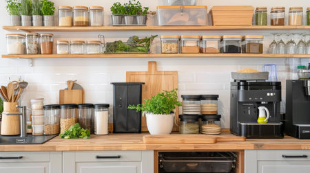An image showcasing a modern, zero-waste kitchen setup with bulk bins, reusable containers, and composting solutions, emphasizing a lifestyle free from single-use plastics.の素材