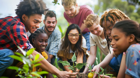 An image capturing a group of environmental activists from diverse backgrounds, working together on a sustainability project, emphasizing the global cooperation required to address environmental challenges.の素材
