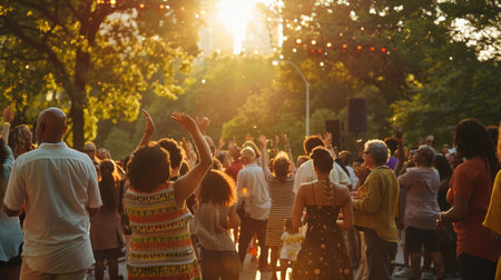 An image capturing a multicultural gathering in a vibrant city park, where people of different ages, cultures, and backgrounds come together in celebration, showcasing unity and the beauty of diversity.の素材