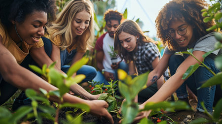 An image capturing a group of environmental activists from diverse backgrounds, working together on a sustainability project, emphasizing the global cooperation required to address environmental challenges.の素材