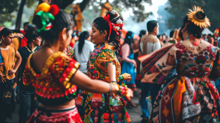 An image of a lively cultural festival, with people dressed in traditional attire from around the world, celebrating their heritage while sharing and appreciating each other's cultures, emphasizing the richness of cultural diversity.の素材