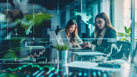 An image set in a modern financial office, showing women analysts researching, analyzing data, and making strategic decisions. Include elements like computers, financial charts, and a global economic map.の素材