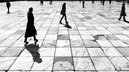 A monochrome urban scene capturing isolated figures in an open plaza, the stark contrast evoking solitude and introspection through simple composition.の素材