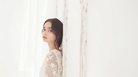 A minimalist portrait emphasizing the subject's subtle expressions under soft, natural lighting against a neutral background, creating an intimate, timeless image.の素材