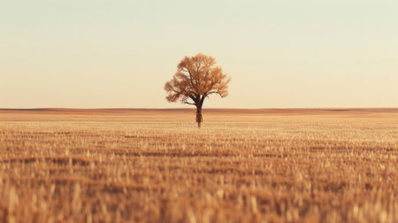 A single, majestic tree stands alone in an open field, its elegant silhouette under a clear sky symbolizing strength, resilience, and calm.の素材