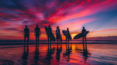 Depict a group of surfers awaiting the perfect wave, their silhouettes set against a backdrop of a vibrant sunset, highlighting the anticipation and camaraderie of the sport.の素材