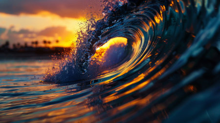 the tranquil moment of a single wave curling gracefully, about to break, with the sun reflecting off its crest, creating a spectrum of colors within the water.の素材