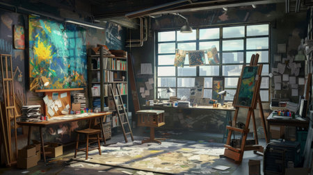 An artist's studio, with a digital canvas where AI suggestions help refine compositions, melding creativity and technology.の素材