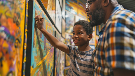 Father and son sharing a moment while selecting vibrant art pieces for their home in a local gallery.の素材