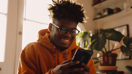 A young person in a bright room, beaming at a smartphone, grateful for the hassle-free way to manage personal tasks.の素材