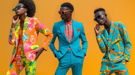 Fashion-forward individuals striking powerful poses, with bold colors and patterns emphasizing their confidence.の素材