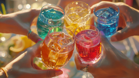 Close-up of hands clinking glasses filled with colorful Granini Sensation mixes, capturing the moment of cheer.の素材