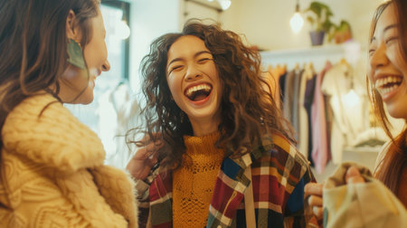 Friends trying on casual yet fashionable attire, laughing and advising each other on personal style.の素材
