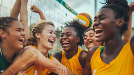 Women of various backgrounds on a volleyball team, celebrating a point, emphasizing unity and diversity.の素材