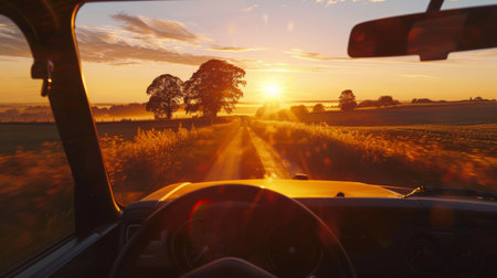 Early morning drive in an EV, capturing the golden sunrise over a tranquil rural landscape.の素材