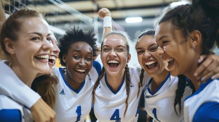 Women of various backgrounds on a volleyball team, celebrating a point, emphasizing unity and diversity.の素材